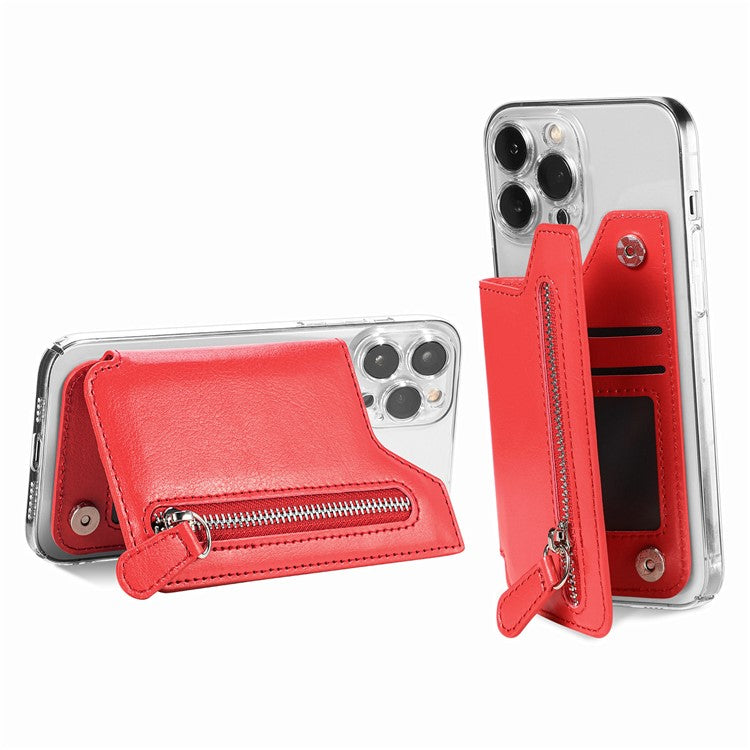 Phone Zipper Wallet Card Bag PU Leather Adhesive Kickstand Card Holder - Red