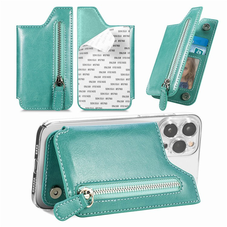 Phone Zipper Wallet Card Bag PU Leather Adhesive Kickstand Card Holder - Green