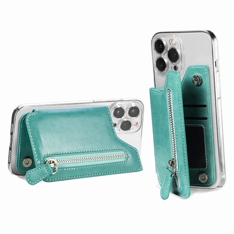 Phone Zipper Wallet Card Bag PU Leather Adhesive Kickstand Card Holder - Green
