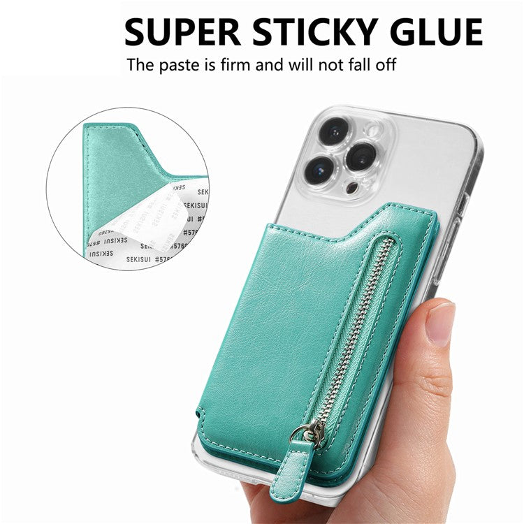 Phone Zipper Wallet Card Bag PU Leather Adhesive Kickstand Card Holder - Green