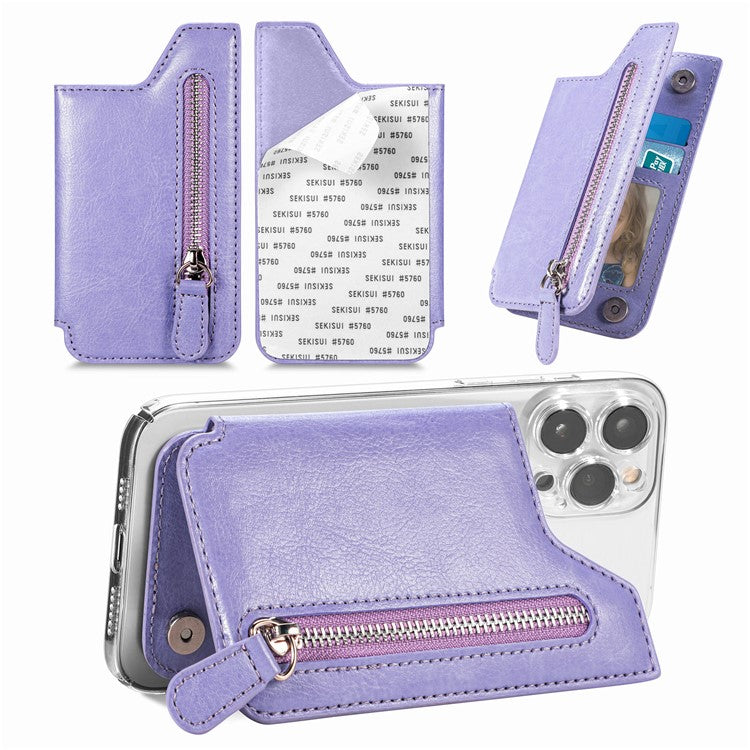 Phone Zipper Wallet Card Bag PU Leather Adhesive Kickstand Card Holder - Light Purple