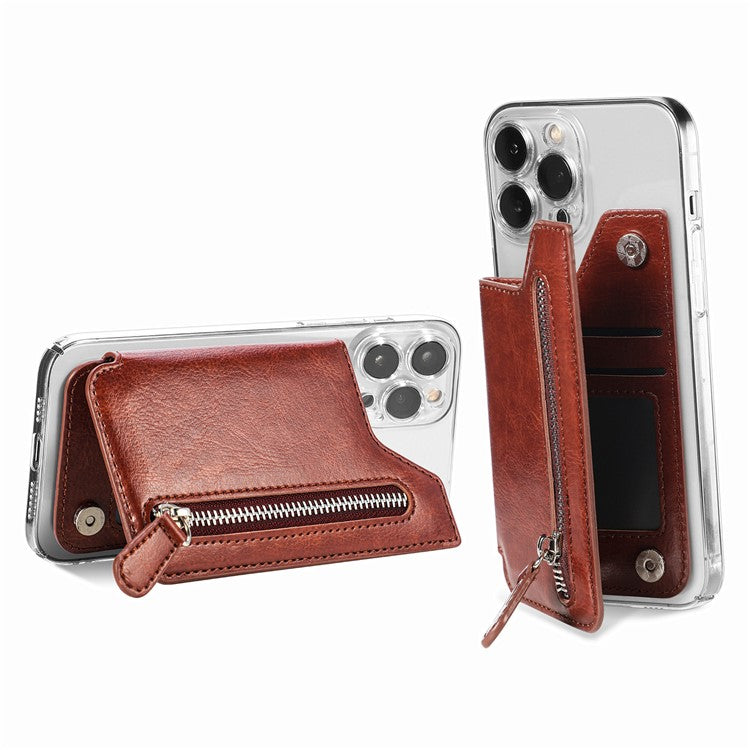 Phone Zipper Wallet Card Bag PU Leather Adhesive Kickstand Card Holder - Brown