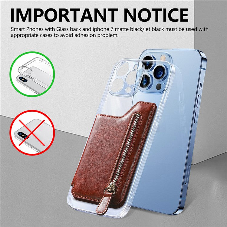 Phone Zipper Wallet Card Bag PU Leather Adhesive Kickstand Card Holder - Brown
