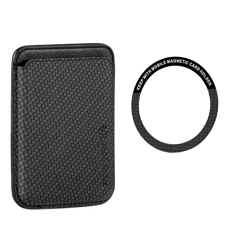 Magnetic Card Holder Carbon Fiber Texture PU Leather Phone Card Bag - Black