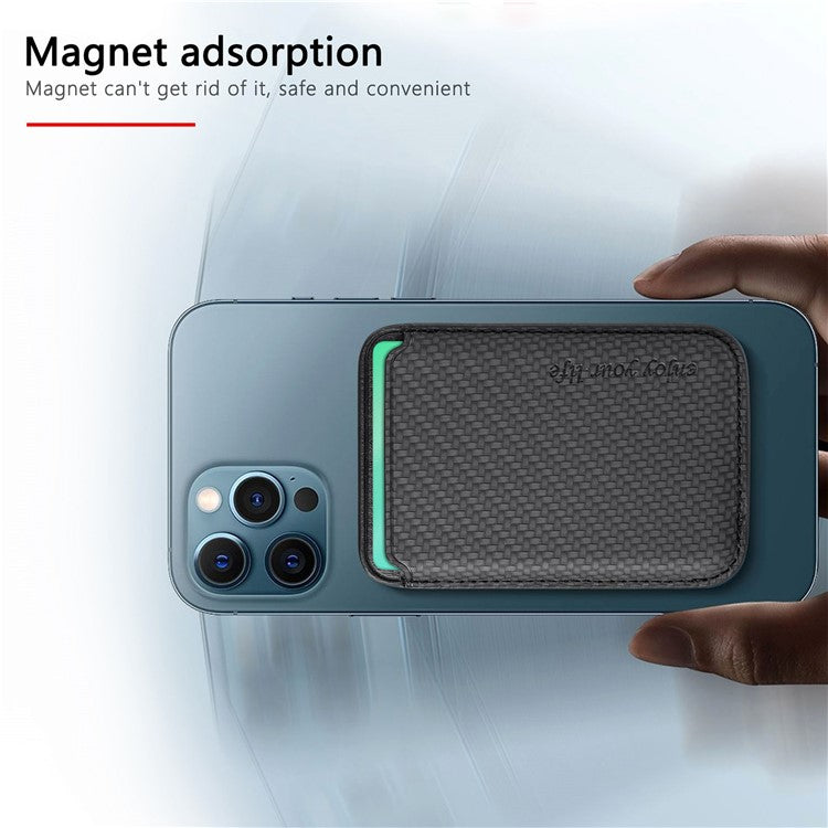 Magnetic Card Holder Carbon Fiber Texture PU Leather Phone Card Bag - Black