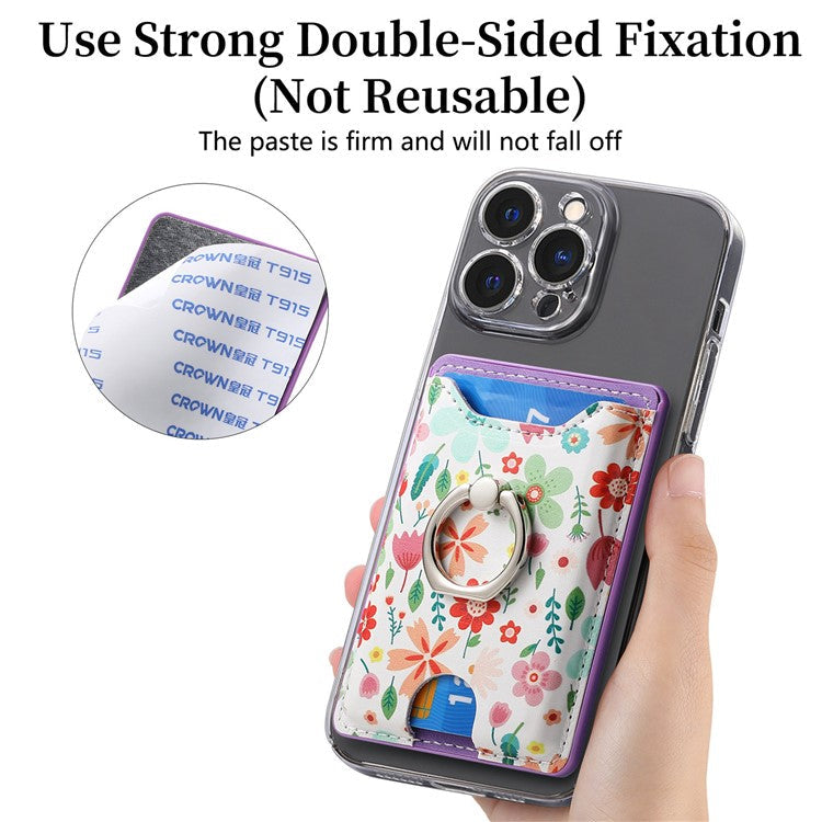 Ring Holder Kickstand Card Bag Flower Print PU Leather Adhesive Phone Card Slot - Purple