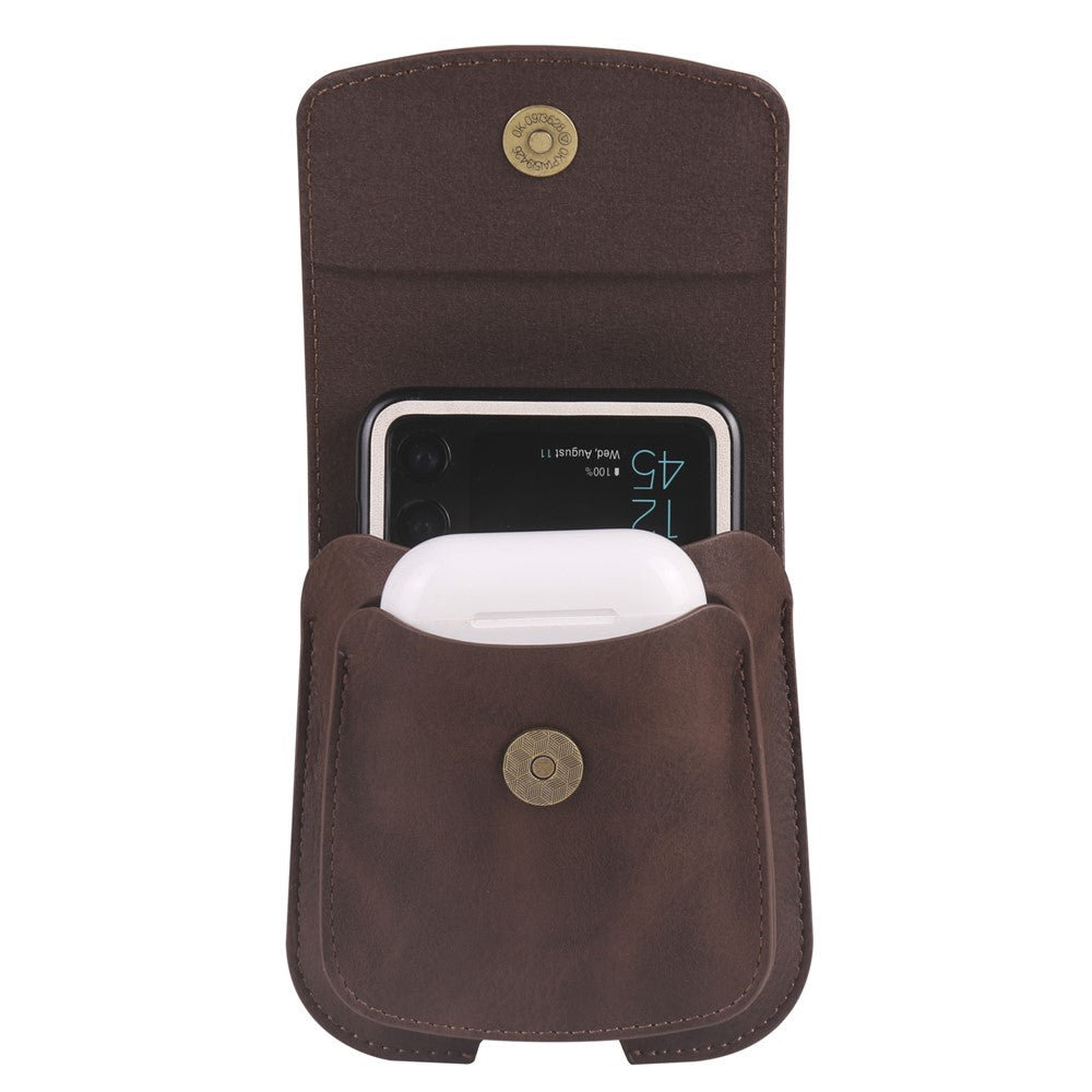 Foldable Waist Bag for Samsung Galaxy Z Flip7 FE 5G / Z Flip6 5G / AirPods 4 , Dual Compartment Compact Belt Pouch Phone Earbuds Holder - Coffee