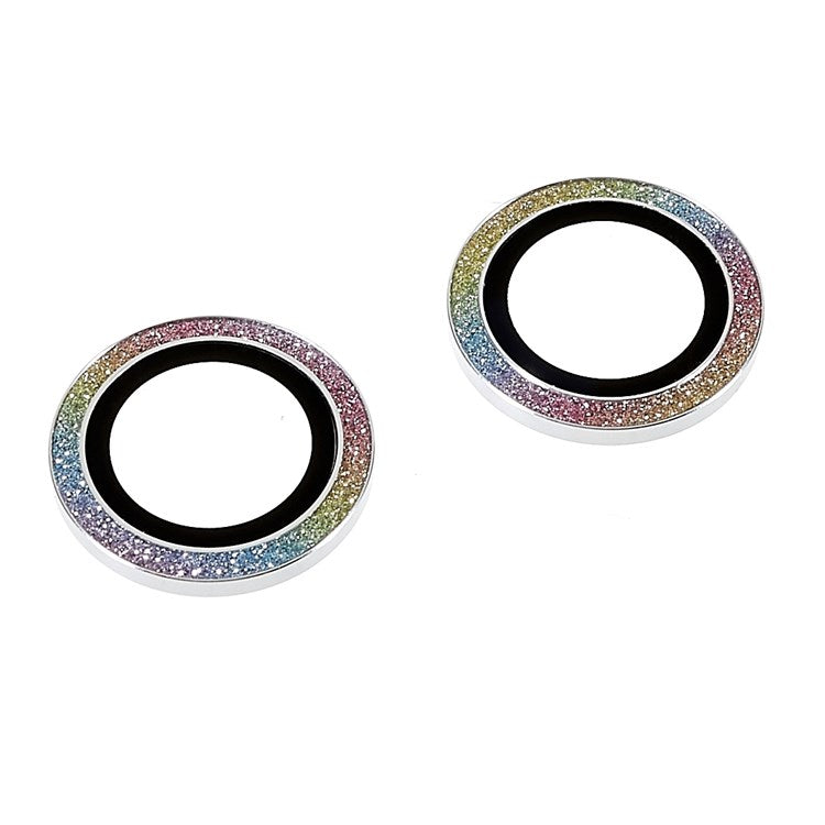 2Pcs / Set for iPhone 14 6.1 inch / 14 Plus 6.7 inch Glitter Rhinestone Camera Lens Protector Metal Ring Tempered Glass Lens Fim - Colorful Silver