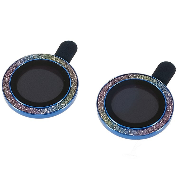 2Pcs / Set for iPhone 14 6.1 inch / 14 Plus 6.7 inch Glitter Rhinestone Camera Lens Protector Metal Ring Tempered Glass Lens Fim - Colorful Blue
