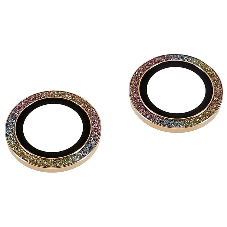 2Pcs / Set for iPhone 14 6.1 inch / 14 Plus 6.7 inch Glitter Rhinestone Camera Lens Protector Metal Ring Tempered Glass Lens Fim - Colorful Gold