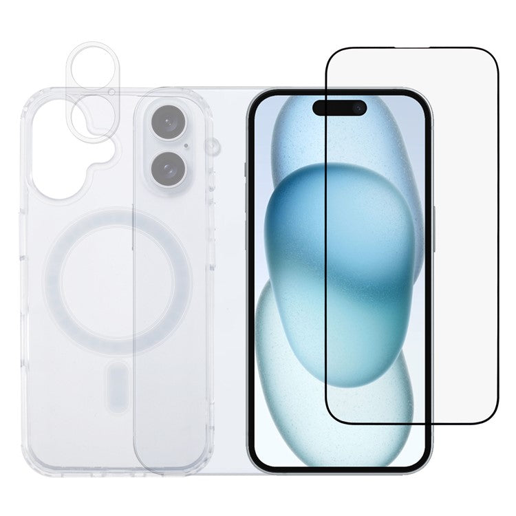 For iPhone 16 TPU+Acrylic Phone Case with Silk Printing Tempered Glass Screen Film+Clear Lens Film