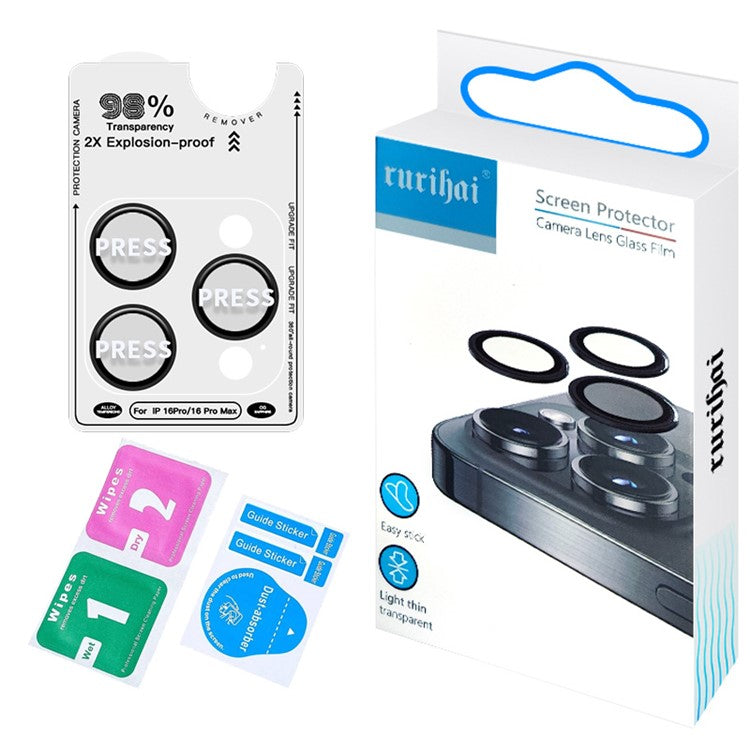 RURIHAI For iPhone 16 Pro / 16 Pro Max Tempered Glass AR Camera Lens Protector with Titanium Alloy Ring - Black
