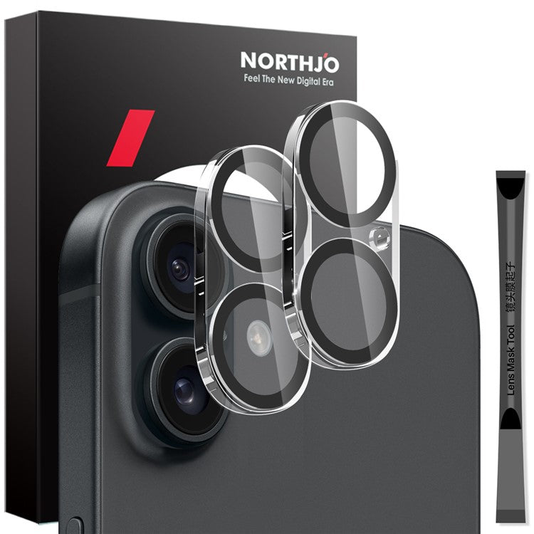 NORTHJO 2Pcs For iPhone 16 / 16 Plus Camera Lens Protector Black Circles HD Clear Tempered Glass Lens Film 3D Full Coverage