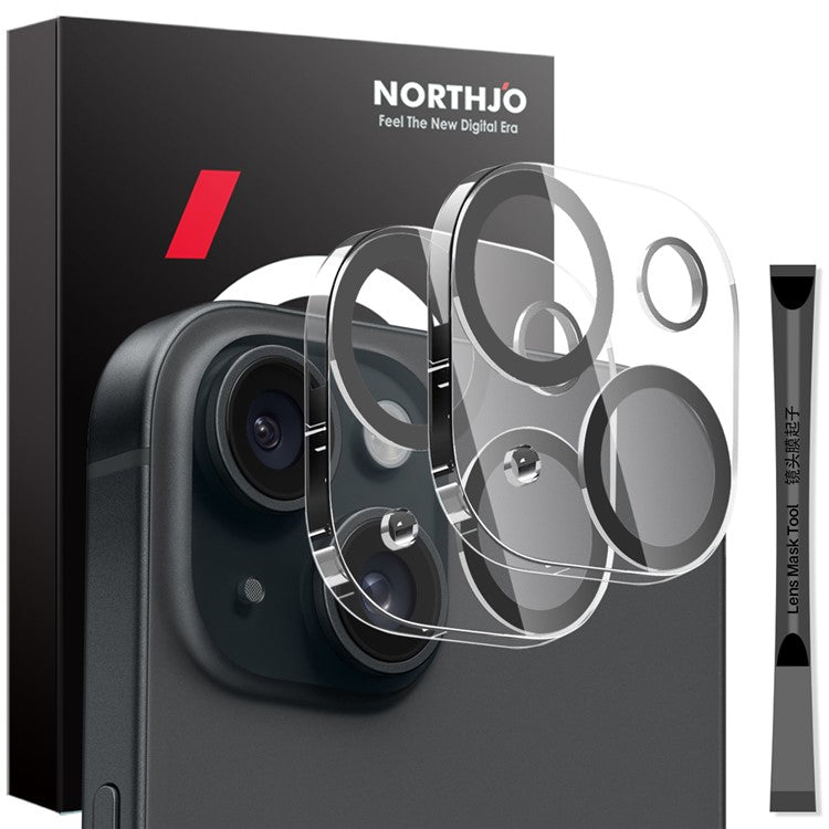 NORTHJO 2Pcs For iPhone 15 / 15 Plus Camera Lens Protector Black Circles HD Clear Tempered Glass Lens Film 3D Full Coverage