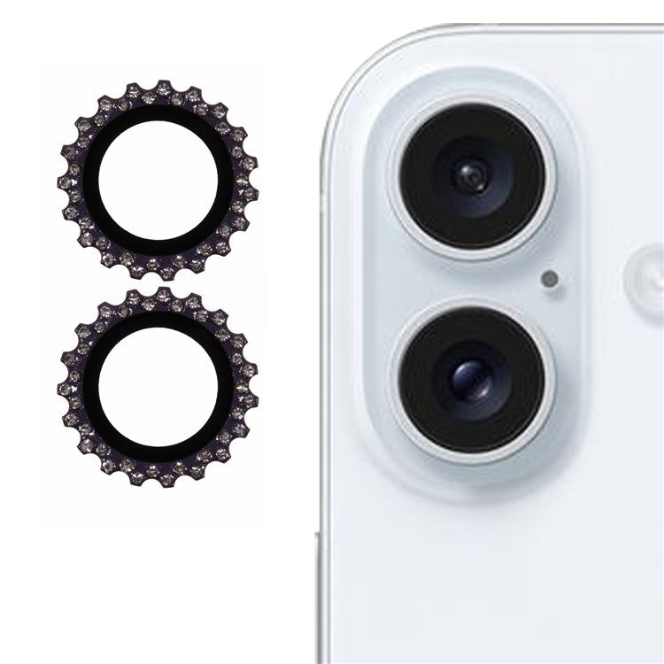 2Pcs / Set For iPhone 16 / 16 Plus Camera Lens Protector Gear Shape Rhinestone Decor Corning Gorilla Glass Lens Film - Purple