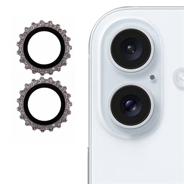 2Pcs / Set For iPhone 16 / 16 Plus Camera Lens Protector Gear Shape Rhinestone Decor Corning Gorilla Glass Lens Film - Silver