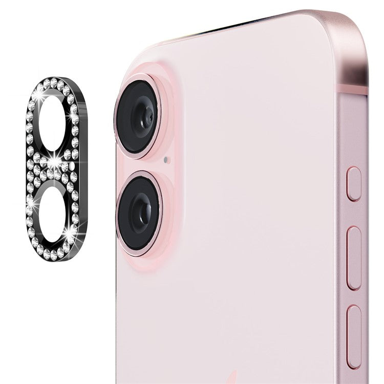 ENKAY HAT PRINCE For iPhone 16 / 16 Plus Camera Lens Protector Rhinestone Decor Metal+Tempered Glass Lens Film - Black
