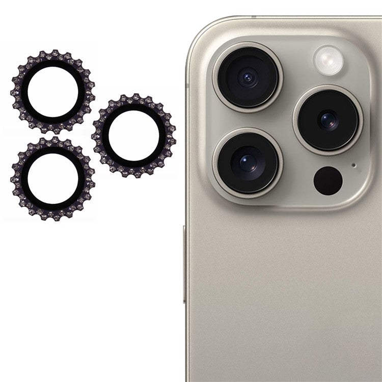 3Pcs / Set For iPhone 16 Pro Max Camera Lens Protector Gear Shape Rhinestone Decor Corning Gorilla Glass Lens Film - Purple