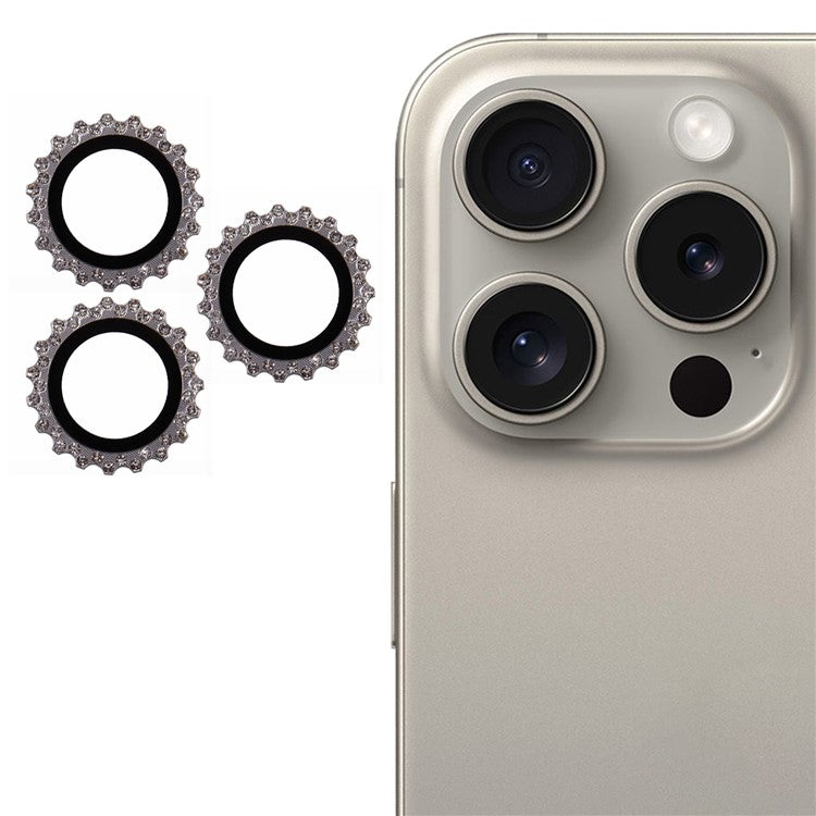 3Pcs / Set For iPhone 16 Pro Max Camera Lens Protector Gear Shape Rhinestone Decor Corning Gorilla Glass Lens Film - Silver