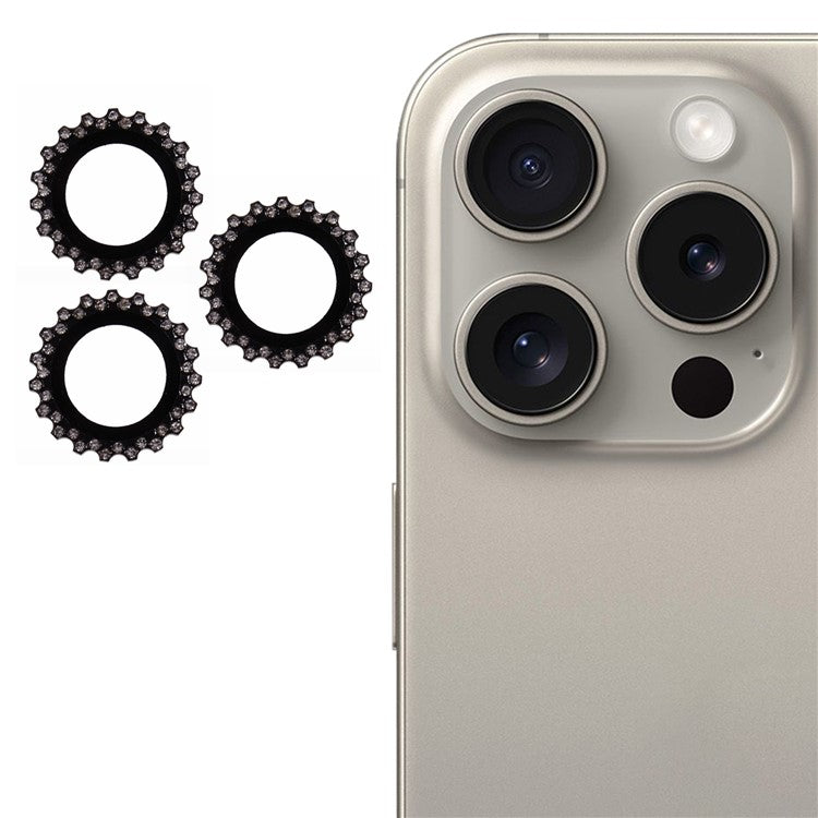 3Pcs / Set For iPhone 16 Pro Max Camera Lens Protector Gear Shape Rhinestone Decor Corning Gorilla Glass Lens Film - Black