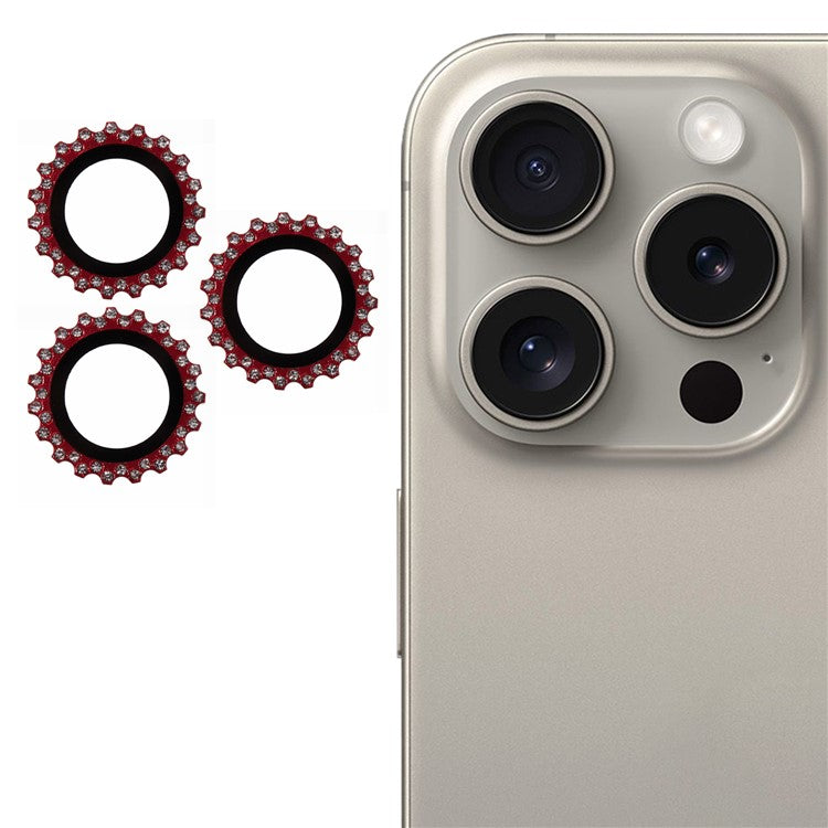 3Pcs / Set For iPhone 16 Pro Max Camera Lens Protector Gear Shape Rhinestone Decor Corning Gorilla Glass Lens Film - Red