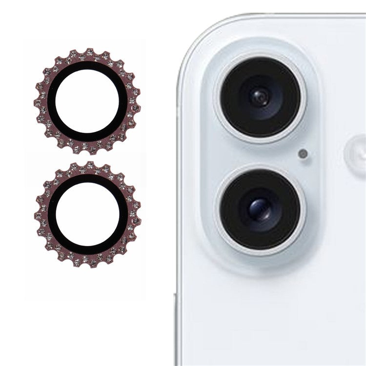 2Pcs / Set For iPhone 16 Plus / 16 Camera Lens Protector Gear Shape Rhinestone Decor Corning Gorilla Glass Lens Film - Rose Gold