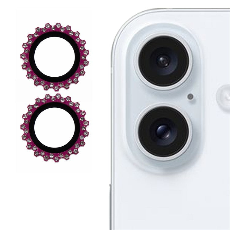 2Pcs / Set For iPhone 16 Plus / 16 Camera Lens Protector Gear Shape Rhinestone Decor Corning Gorilla Glass Lens Film - Rose