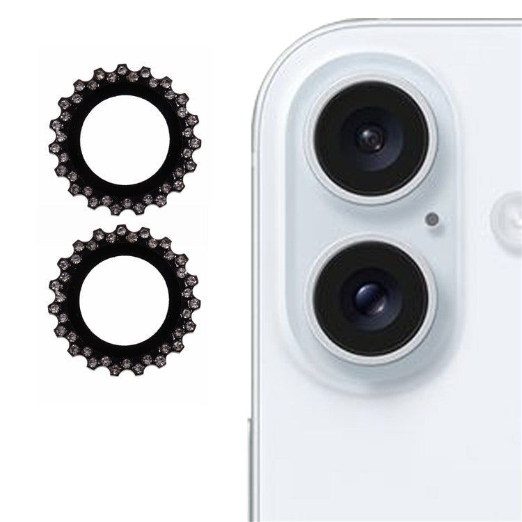 2Pcs / Set For iPhone 16 Plus / 16 Camera Lens Protector Gear Shape Rhinestone Decor Corning Gorilla Glass Lens Film - Black