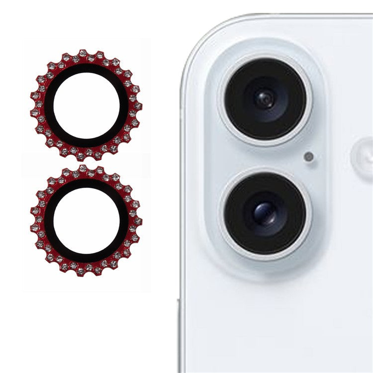 2Pcs / Set For iPhone 16 Plus / 16 Camera Lens Protector Gear Shape Rhinestone Decor Corning Gorilla Glass Lens Film - Red