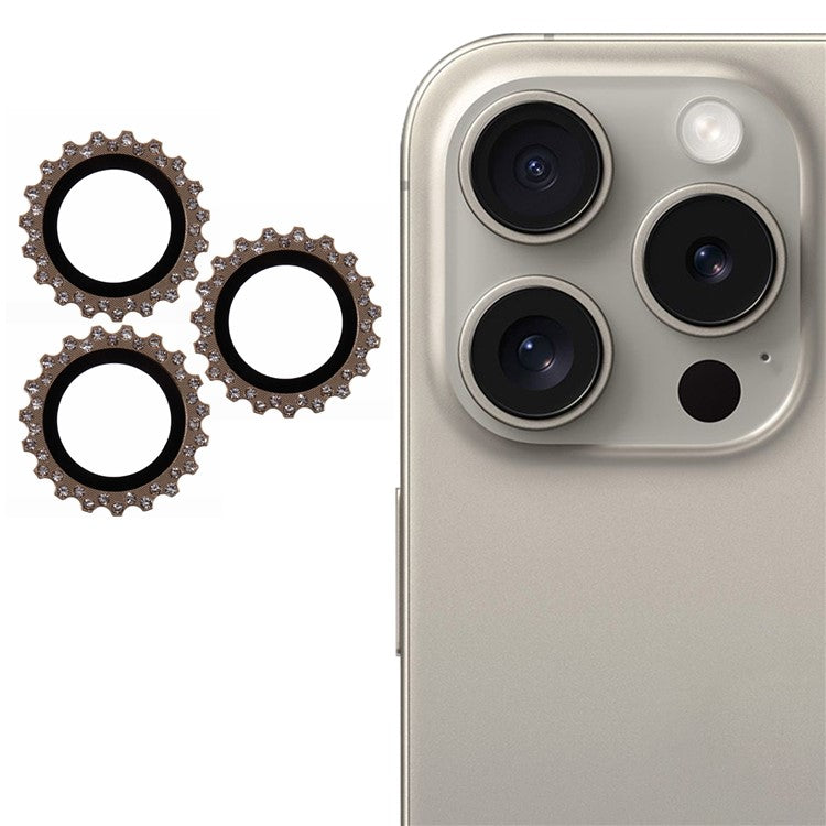 3Pcs / Set For iPhone 16 Pro / 16 Pro Max Camera Lens Protector Gear Shape Rhinestone Decor Corning Gorilla Glass Lens Film - Gold