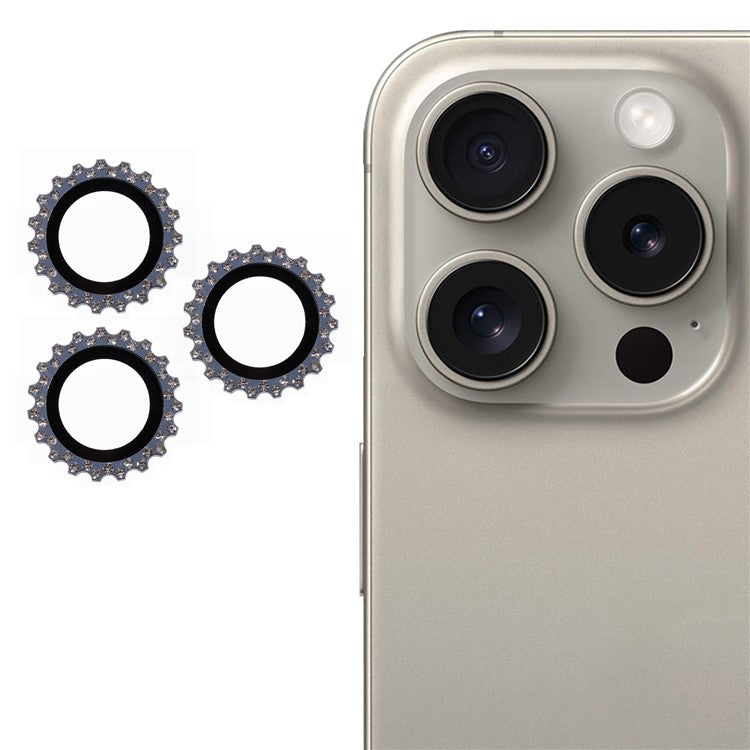 3Pcs / Set For iPhone 16 Pro / 16 Pro Max Camera Lens Protector Gear Shape Rhinestone Decor Corning Gorilla Glass Lens Film - Blue