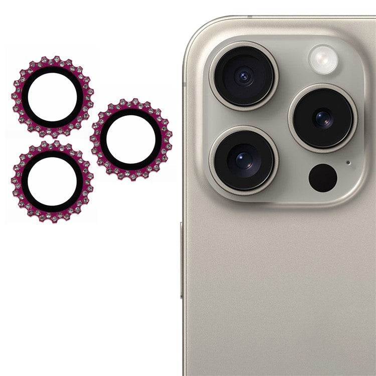 3Pcs / Set For iPhone 16 Pro / 16 Pro Max Camera Lens Protector Gear Shape Rhinestone Decor Corning Gorilla Glass Lens Film - Rose
