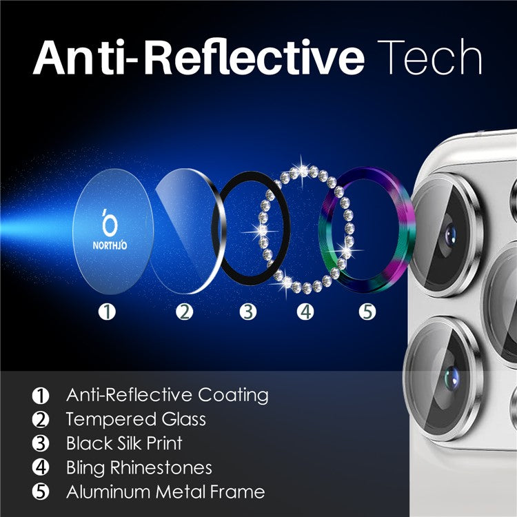 NORTHJO For iPhone 16 Pro / 16 Pro Max Lens Protector Rhinestone Ring Tempered Glass Lens Film - Colorful