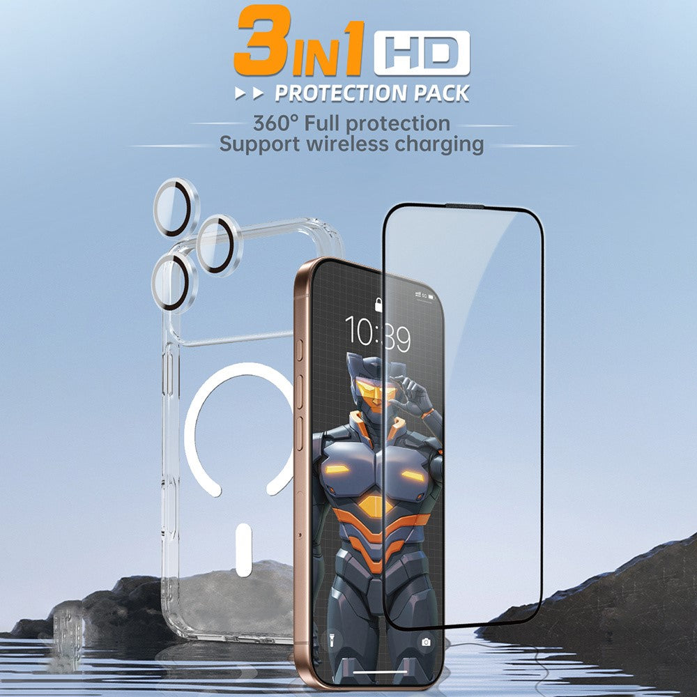 URR For iPhone 17 Pro Max Magnetic Case TPU + PC Clear Phone Cover with Screen Protector + Lens Film