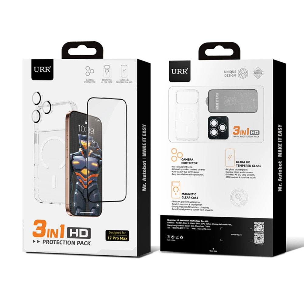URR For iPhone 17 Pro Max Magnetic Case TPU + PC Clear Phone Cover with Screen Protector + Lens Film