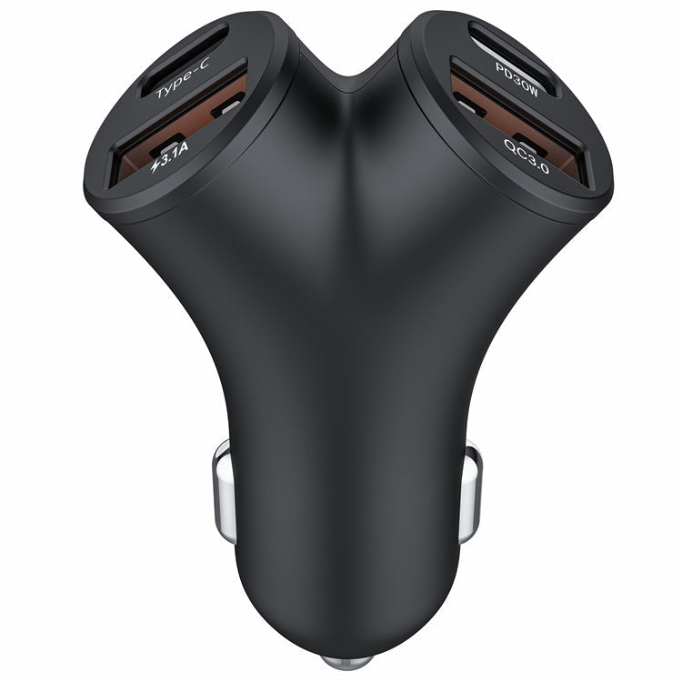 A2 78W Y-Shaped Car Charger 2 USB + 2 Type-C Phone Fast Charging Power Adapter - Black