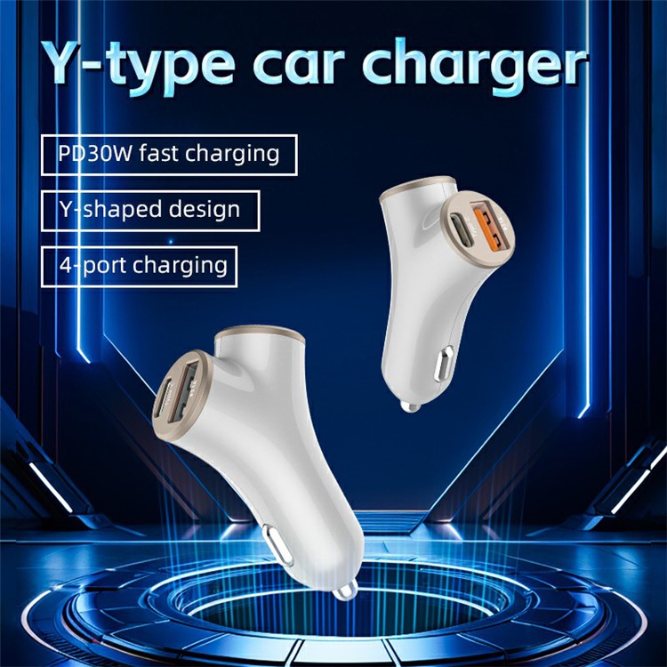 A2 78W Y-Shaped Car Charger 2 USB + 2 Type-C Phone Fast Charging Power Adapter - Black