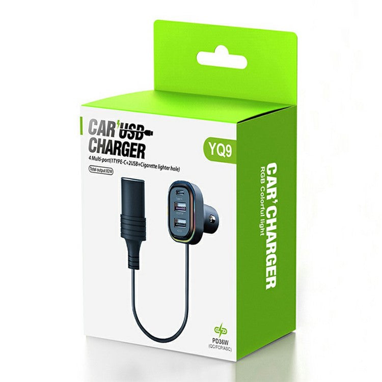 YQ9 Type-C + Dual USB Car Front Rear Seat Cigarette Lighter Charger for 12-24V Vehicles