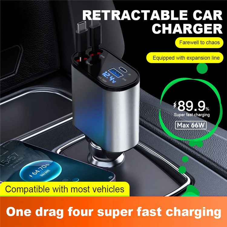 4-in-1 Digital Display Dual Ports Fast Charging Cigarette Lighter Car Charger with iP + Type-C Retractable Cable