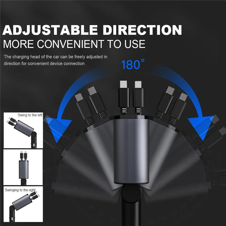 4-in-1 Digital Display Dual Ports Fast Charging Cigarette Lighter Car Charger with iP + Type-C Retractable Cable