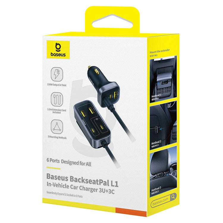 BASEUS Backseatpal L1 In-Vehicle Cigarette Lighter Car Charger 3 USB + 3 Type-C Power Strip - Black