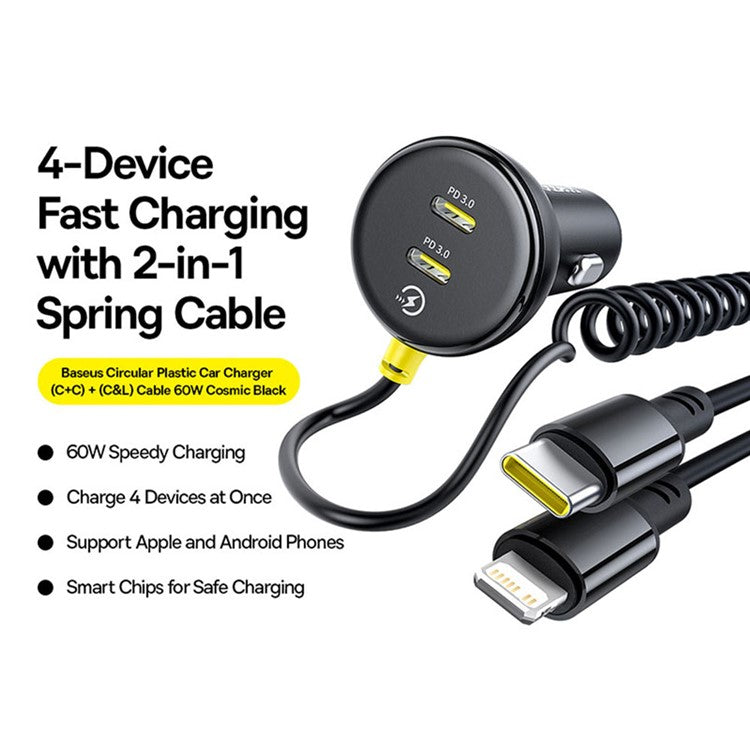 BASEUS Circular Plastic Car Charger 60W Dual Type-C Adapter with Type-C+Lightning Spring Cable - Black