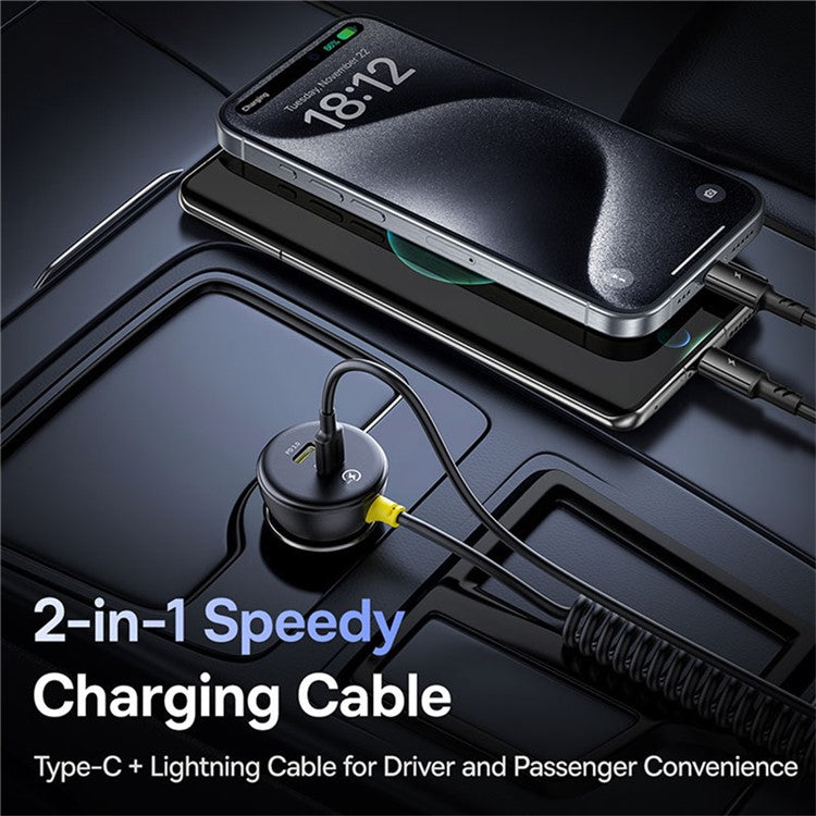 BASEUS Circular Plastic Car Charger 60W Dual Type-C Adapter with Type-C+Lightning Spring Cable - Black