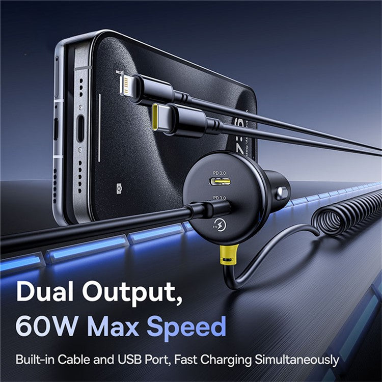 BASEUS Circular Plastic Car Charger 60W Dual Type-C Adapter with Type-C+Lightning Spring Cable - Black