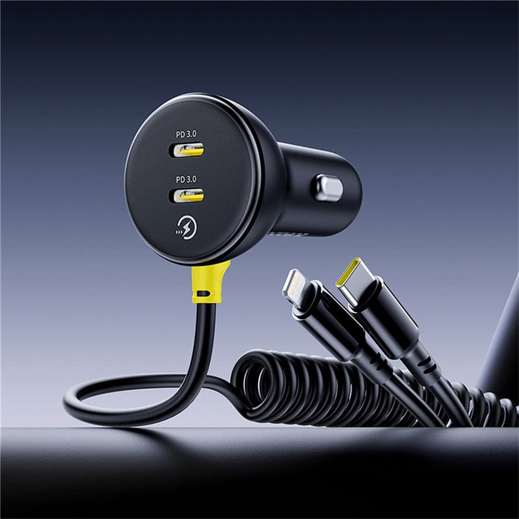 BASEUS Circular Plastic Car Charger 60W Dual Type-C Adapter with Type-C+Lightning Spring Cable - Black