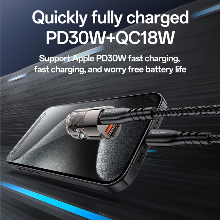 YESIDO Y68 USB+Type-C Dual Port Adapter PD 30W+QC 18W Fast Charging Mini Car Charger