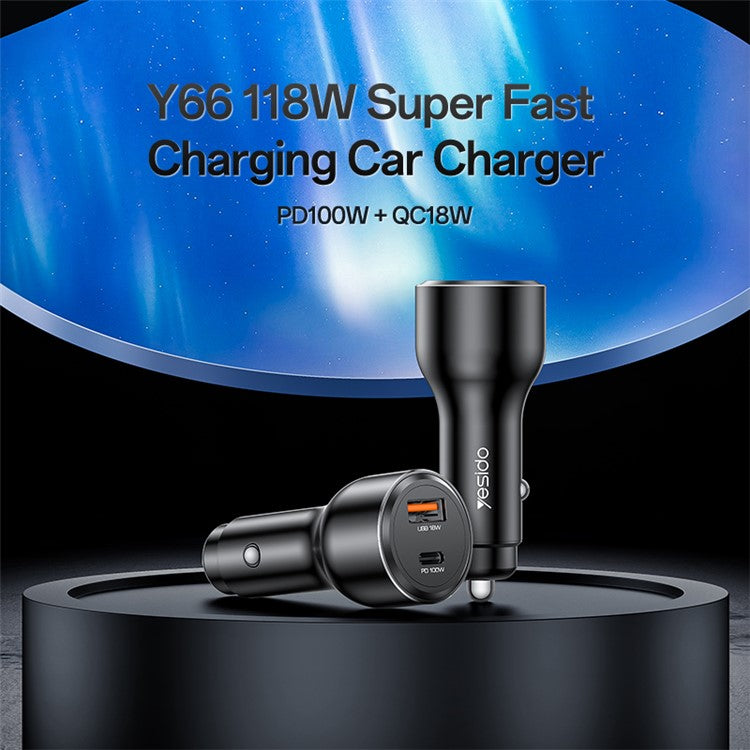 YESIDO Y65 USB+Type-C Dual Port Car Charger PD 100W + QC 18W Fast Charging Adapter