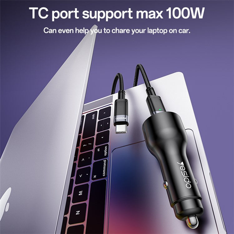 YESIDO Y65 USB+Type-C Dual Port Car Charger PD 100W + QC 18W Fast Charging Adapter