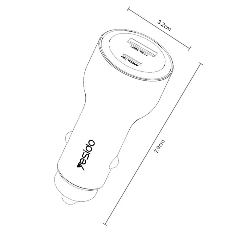 YESIDO Y65 USB+Type-C Dual Port Car Charger PD 100W + QC 18W Fast Charging Adapter