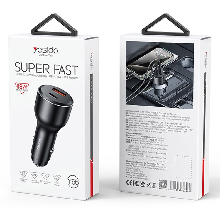 YESIDO Y65 USB+Type-C Dual Port Car Charger PD 100W + QC 18W Fast Charging Adapter